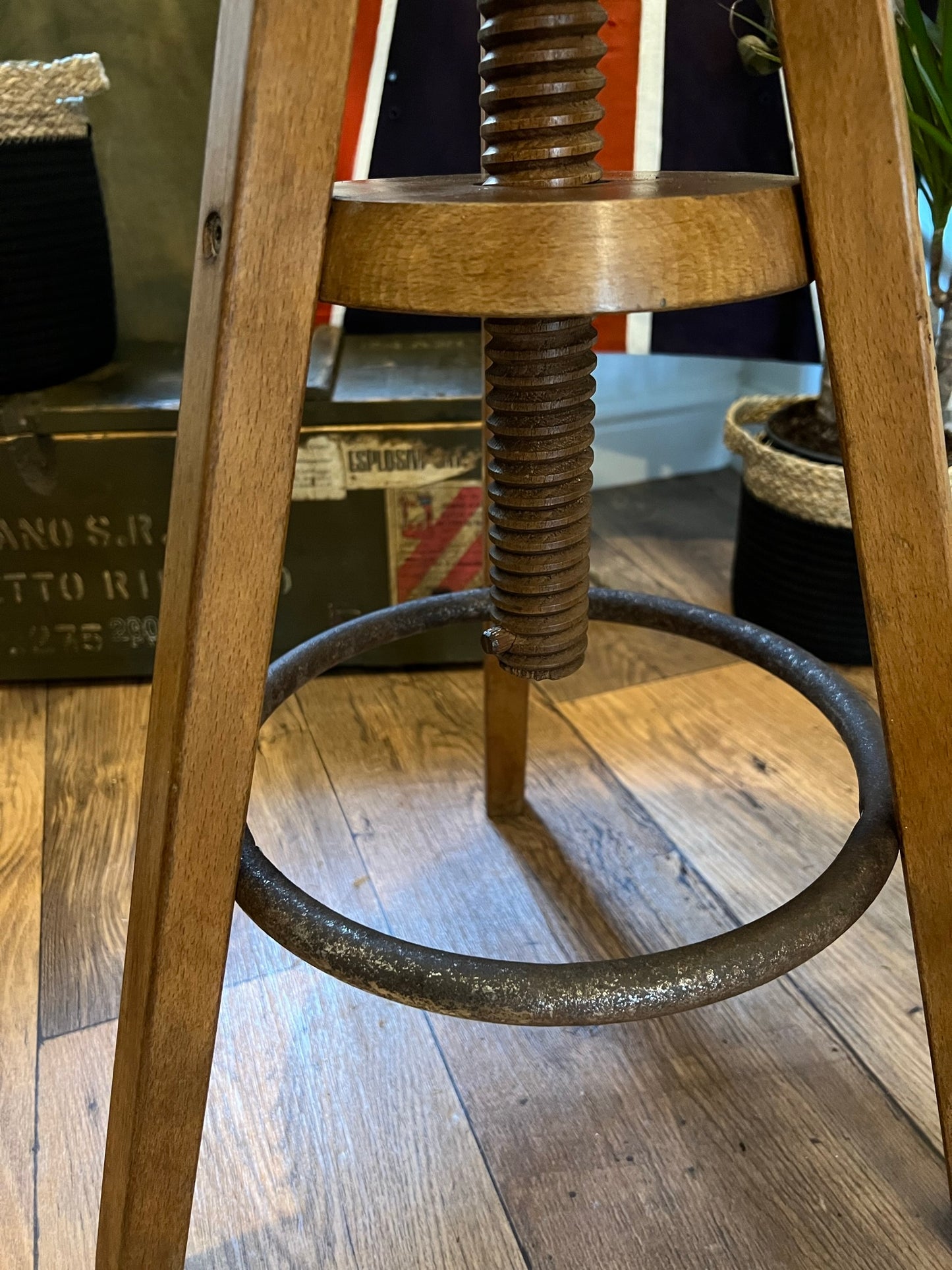 2x Vintage Industrial Wooden Artist Stools PAIR Adjustable Bar Lab Screw Stool Retro Kitchen