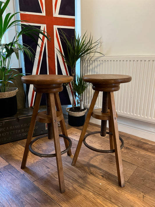 2x Vintage Industrial Wooden Artist Stools PAIR Adjustable Bar Lab Screw Stool Retro Kitchen