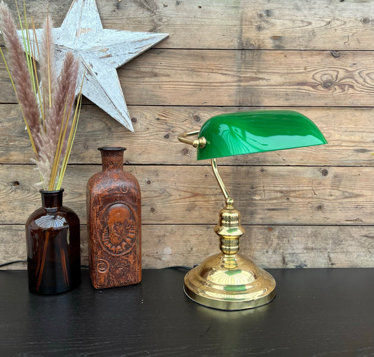 Retro Green Glass & Brass Lamp Bankers Desk Side Lamp Vintage Classic Style