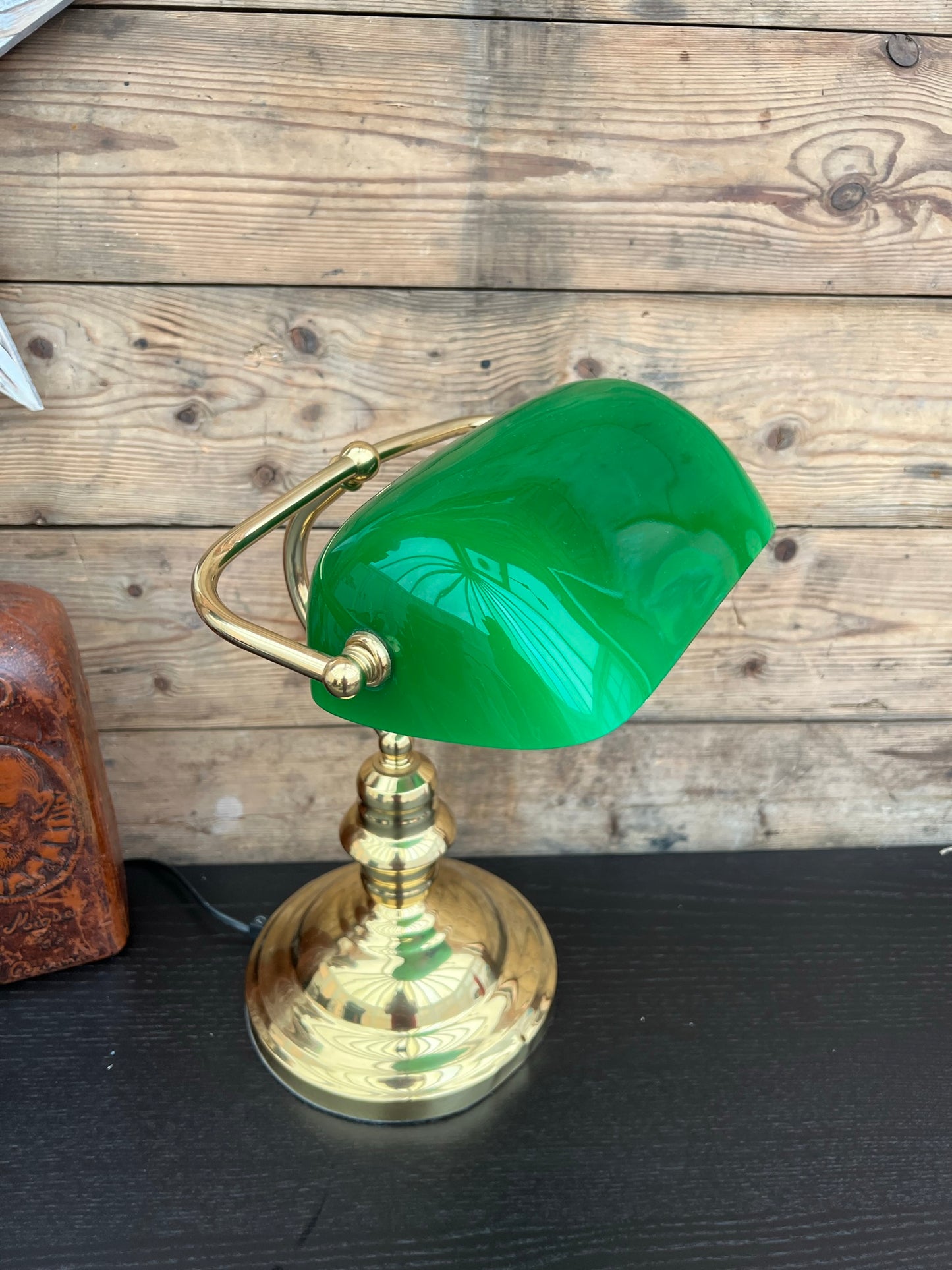 Retro Green Glass & Brass Lamp Bankers Desk Side Lamp Vintage Classic Style