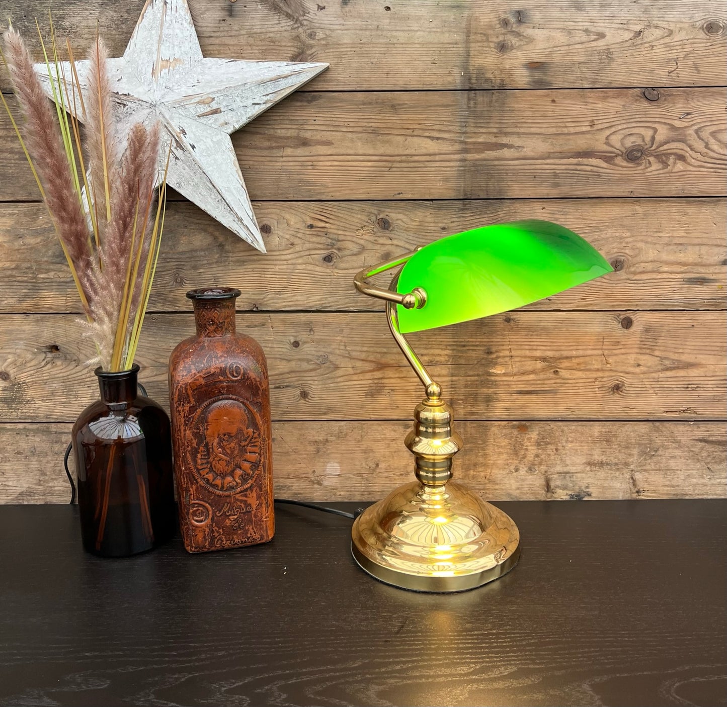 Retro Green Glass & Brass Lamp Bankers Desk Side Lamp Vintage Classic Style