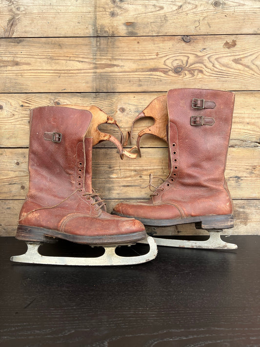 Vintage 1944 Military Leather Ice Skates WW2 With Crows Foot Size 8 - Collector Ice Memorabilia