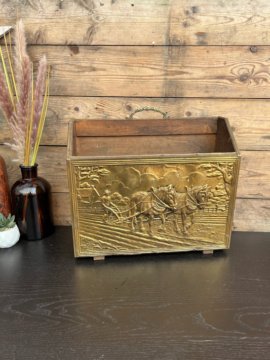 Vintage 1960's Brass Covered Magazine Rack Holder Horses Plough