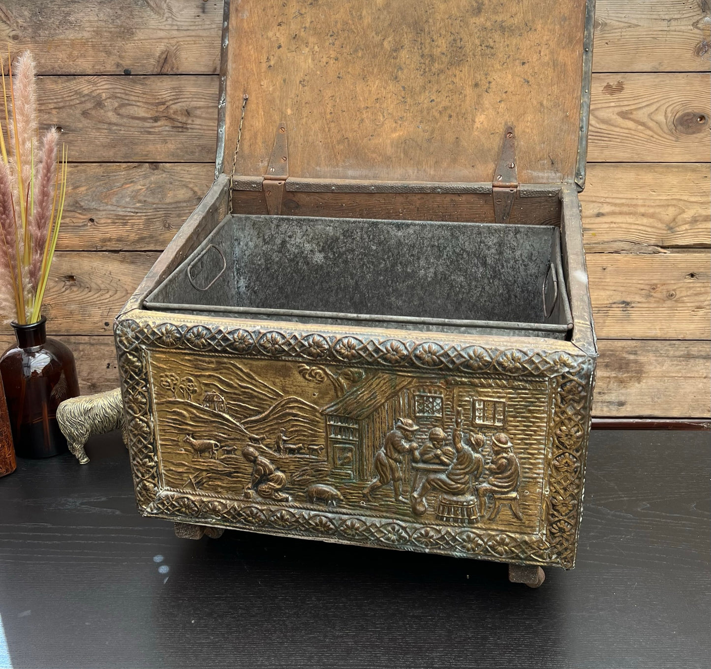 Vintage 1960's Embossed Brass Coal Box Scuttle Box With Insert Victorian Farming