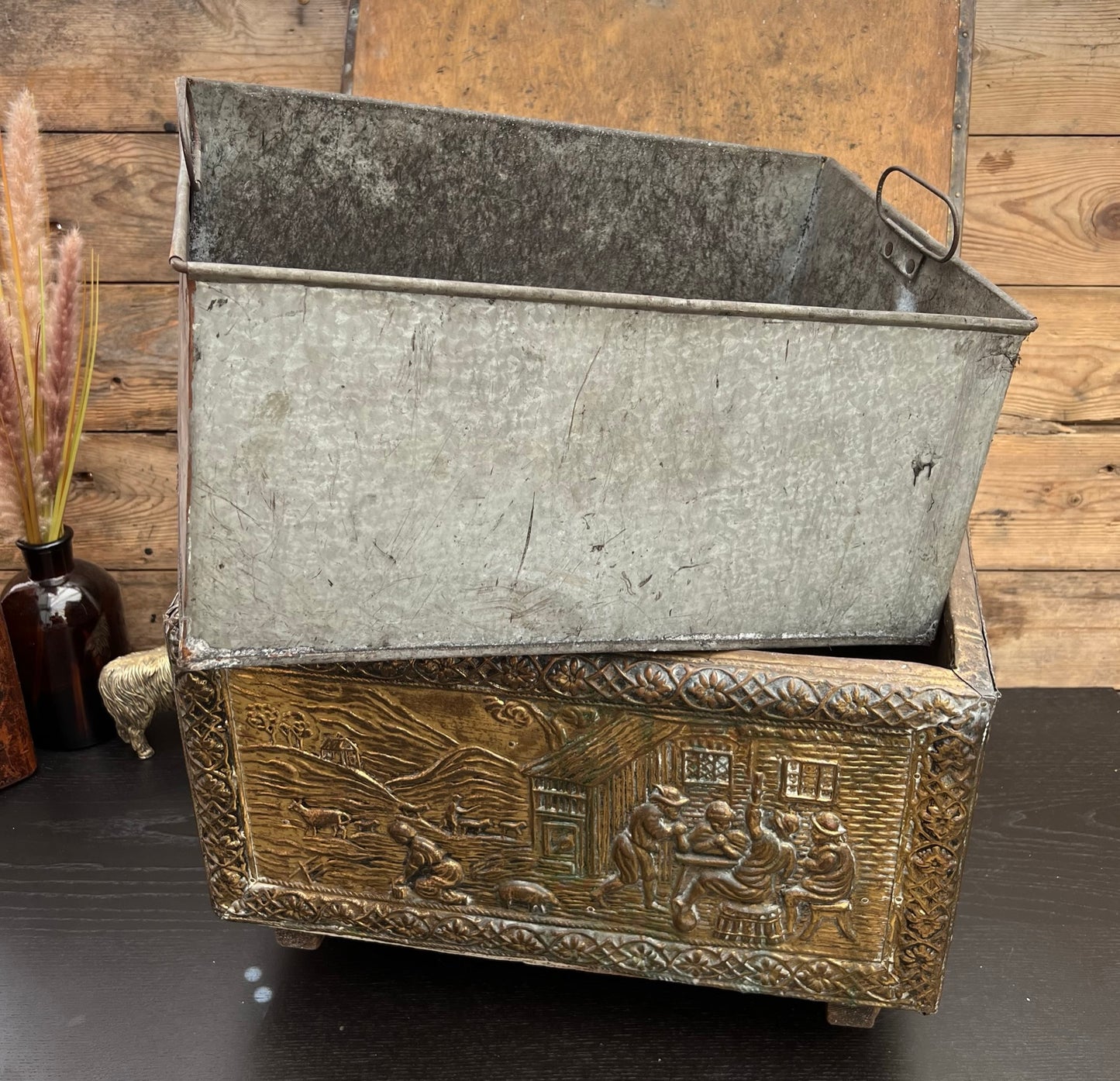 Vintage 1960's Embossed Brass Coal Box Scuttle Box With Insert Victorian Farming