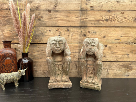 Vintage Statue Hear No Evil Speak No Evil PAIR Buddha Garden Ornament