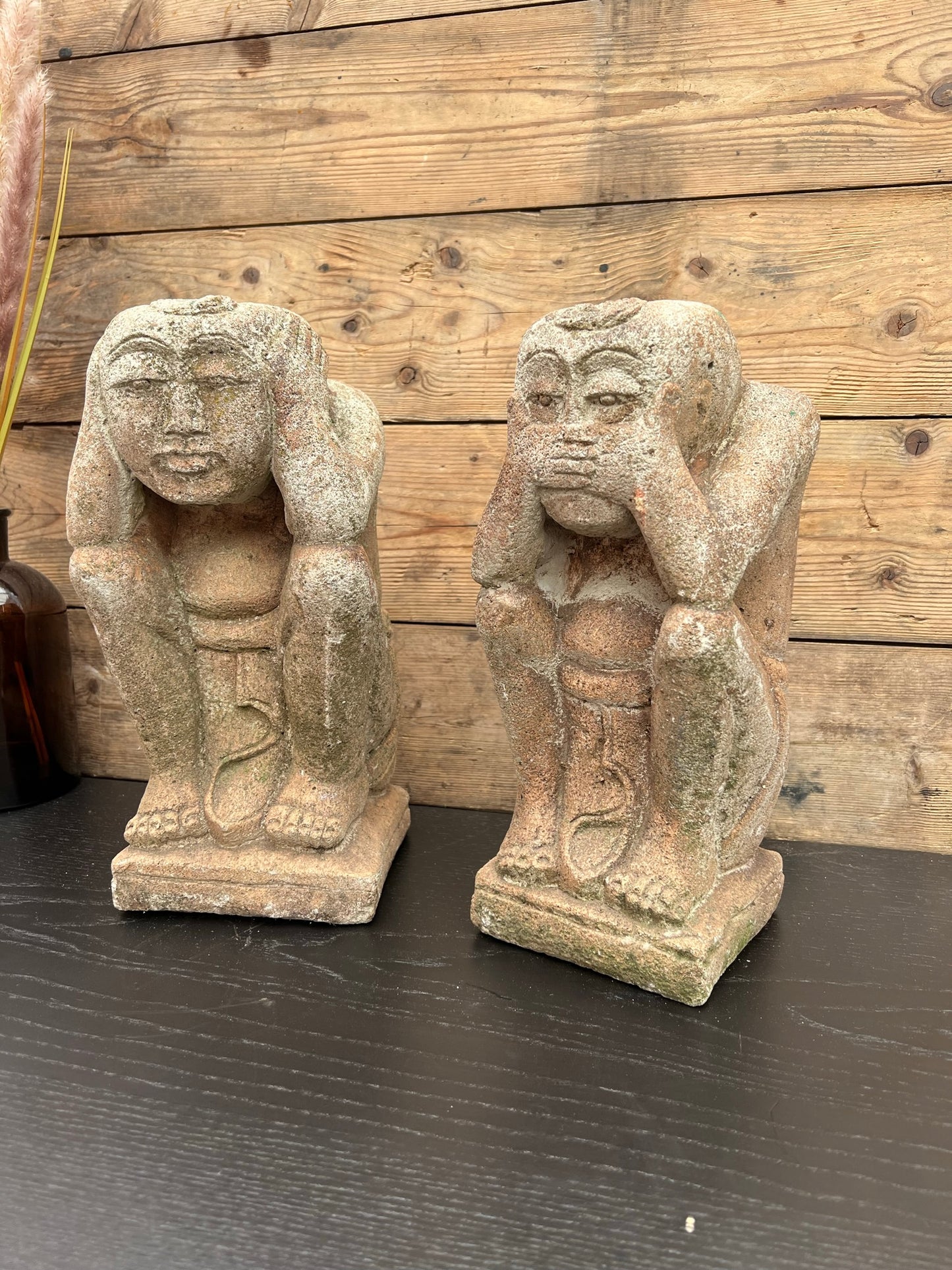 Vintage Statue Hear No Evil Speak No Evil PAIR Buddha Garden Ornament