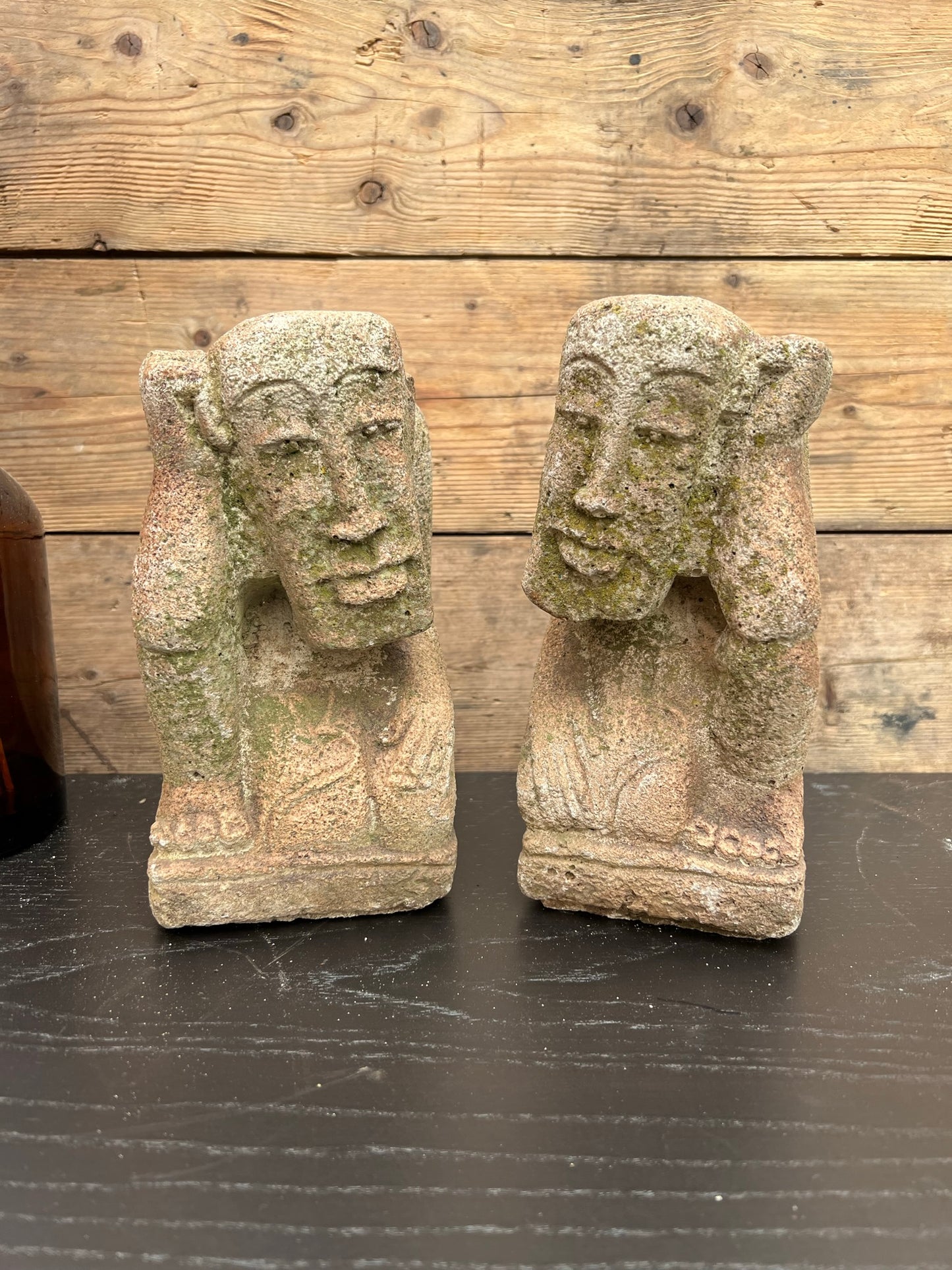 Reclaimed Pair of Statues Concrete Stone Boho Garden Ornament