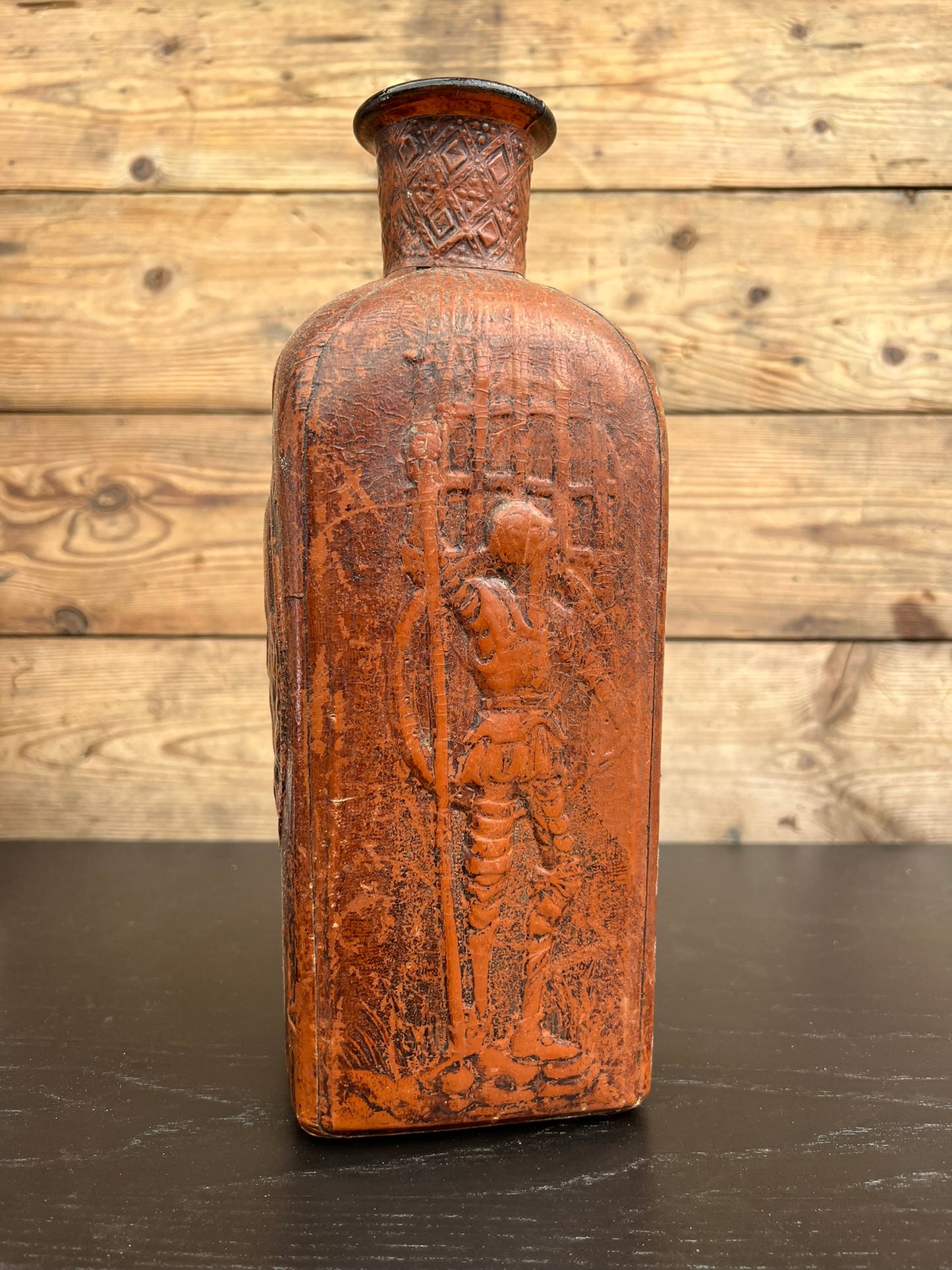 Vintage Brown Leather Glass Decanter Whiskey Bottle Retro Spanish Decor
