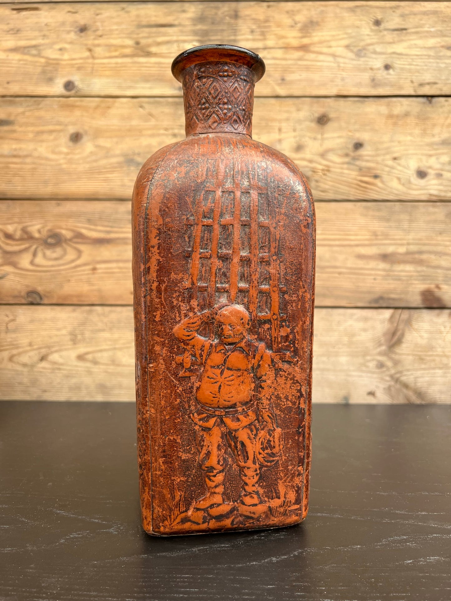 Vintage Brown Leather Glass Decanter Whiskey Bottle Retro Spanish Decor