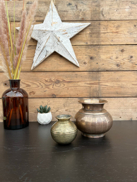 2x Vintage Brass & Copper Sphere Pot Decorative Ornament Plant Pot Bowl