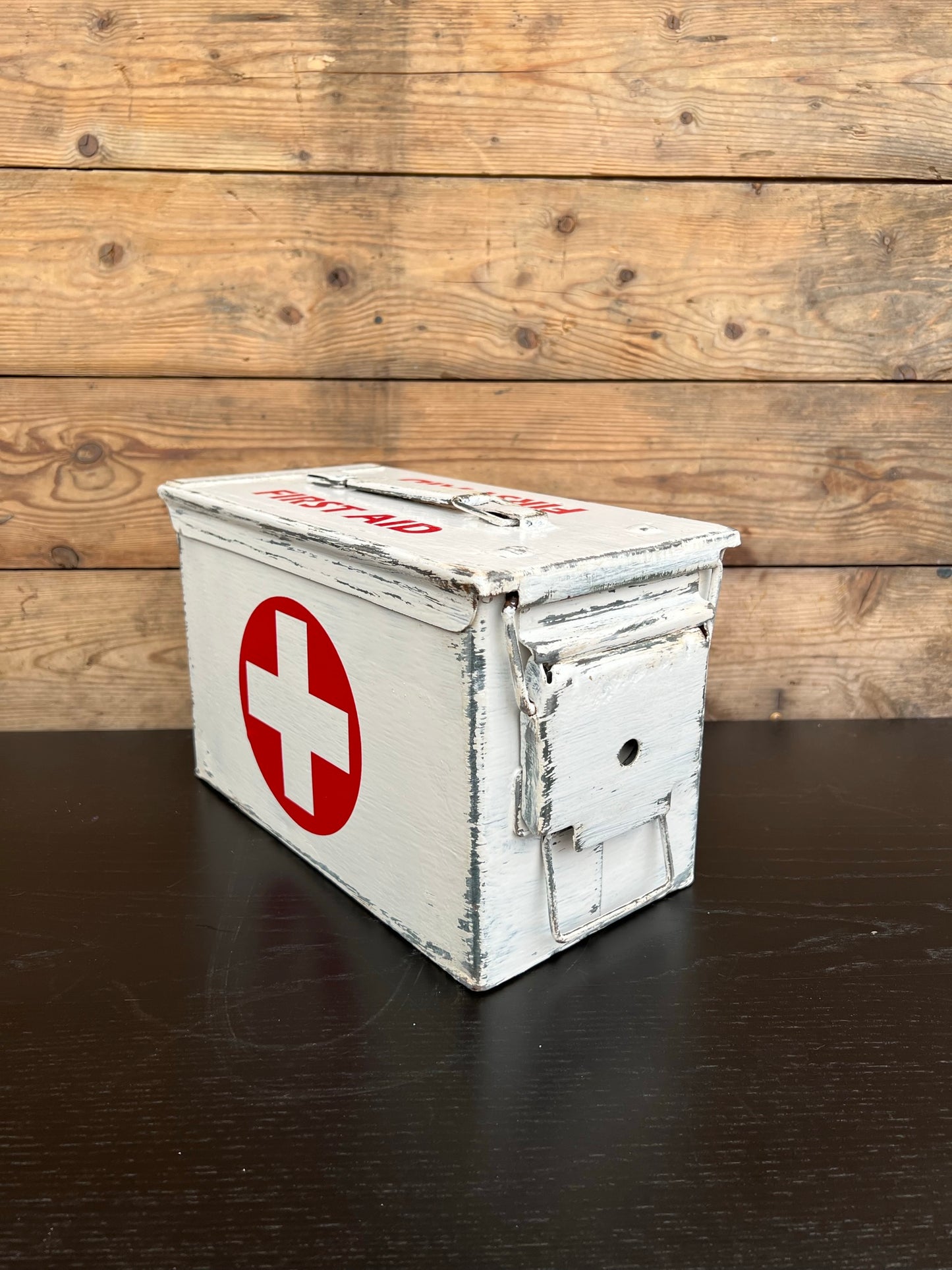 Rustic First Aid Metal Ammo Box 50cal Army Medic Distressed Industrial Decor