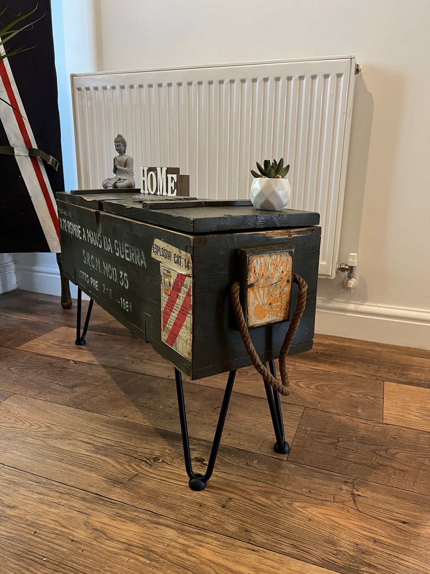 Vintage Wooden Ammo Box Side Table 1984 Rustic Storage Chest Industrial Trunk Home Coffee Table