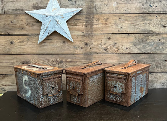 3x Metal Army Ammo Box Tin Job Lot Rustic SOLID Shop Display Geocache Stash Tool Box