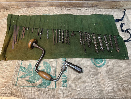 Vintage Retro Hand Brace Drill and Tool Roll With Auger Drill Bits