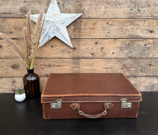 Vintage Cowhide Leather Suitcase Distressed Retro Trunk Décor Theatre Film Display