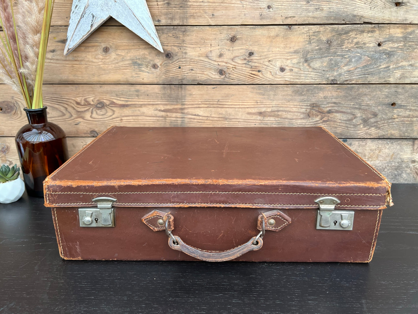 Vintage Cowhide Leather Suitcase Distressed Retro Trunk Décor Theatre Film Display