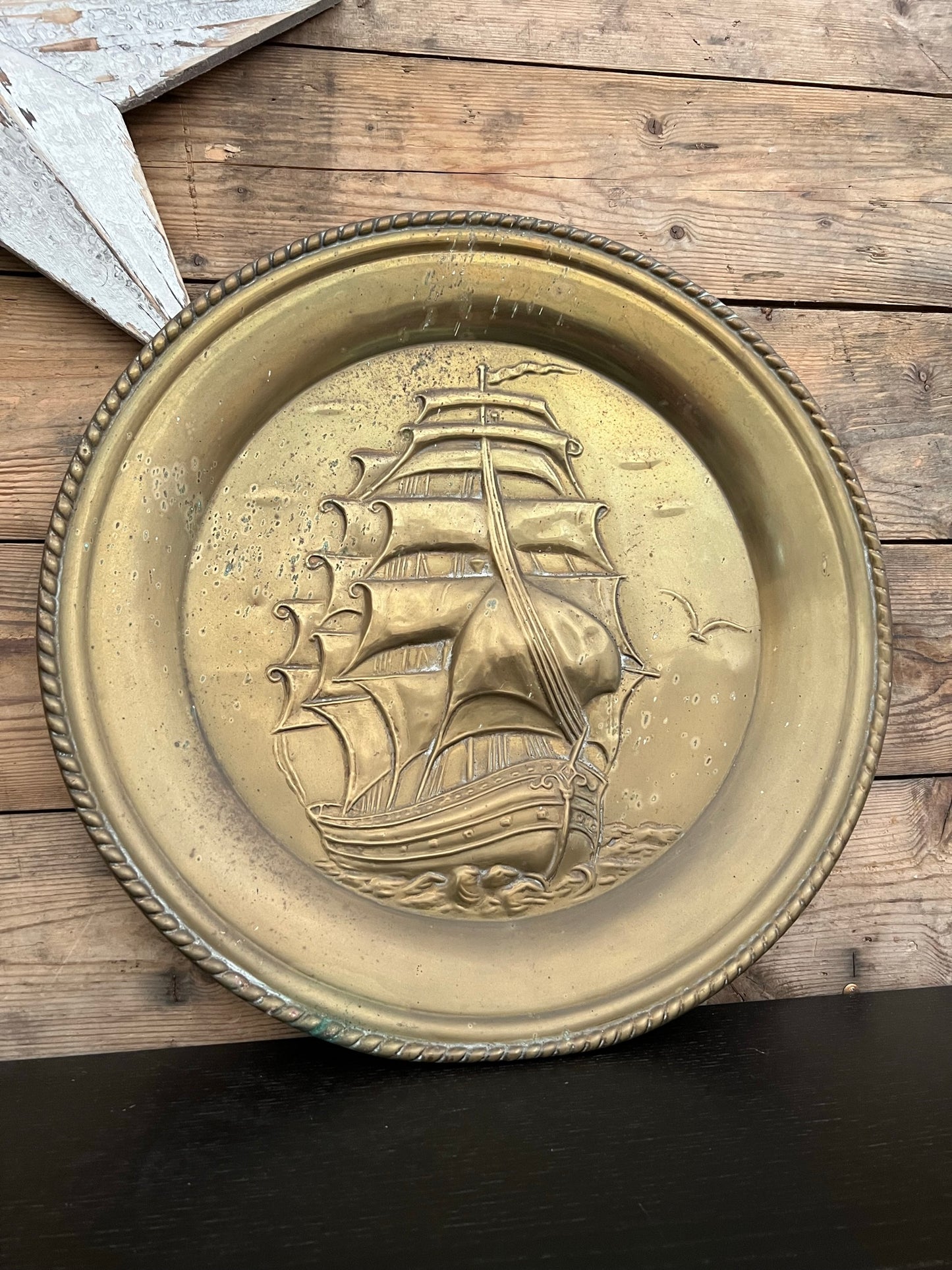 Vintage Large 17" Brass Wall Plate Decorative Galleon Ship Boho Bohemian Brass Décor