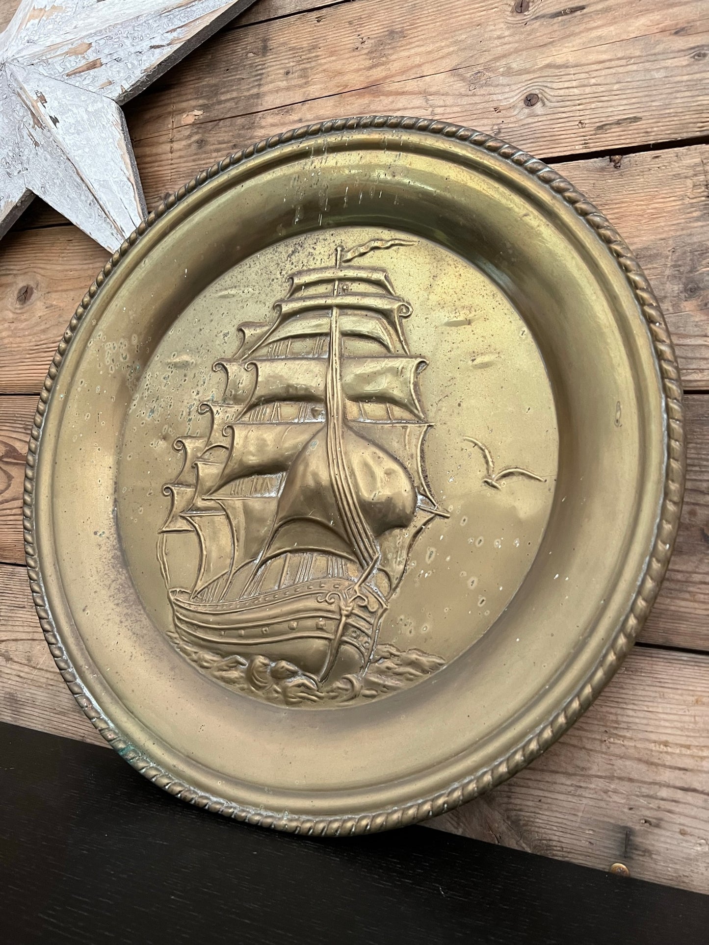 Vintage Large 17" Brass Wall Plate Decorative Galleon Ship Boho Bohemian Brass Décor