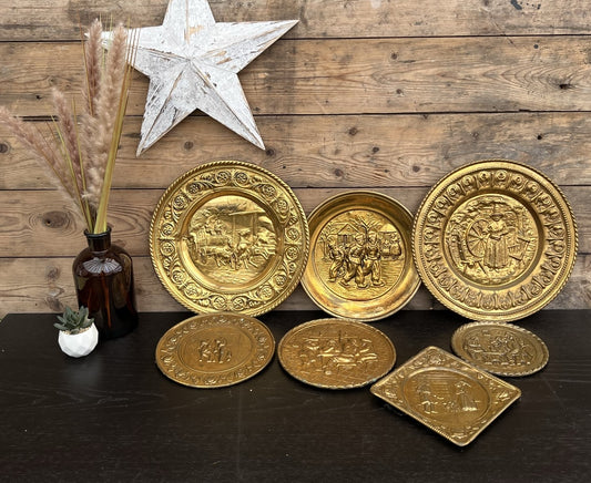 7x Vintage Decorative Brass Wall Plate Job Lot Tavern Scene Boho Bohemian Brass Décor