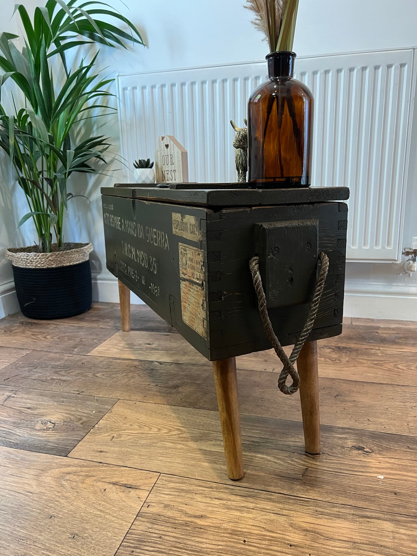 Vintage Wooden Ammo Box Side Table 1986 Rustic Storage Chest Industrial Trunk Home Coffee Table