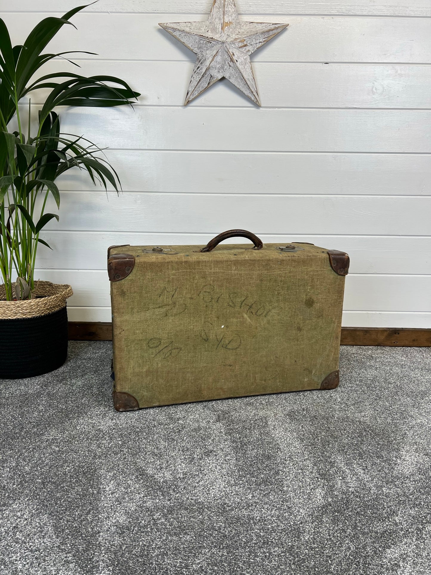 Vintage Canvas & Leather Suitcase Trunk Military Army Boho Rustic Home Décor