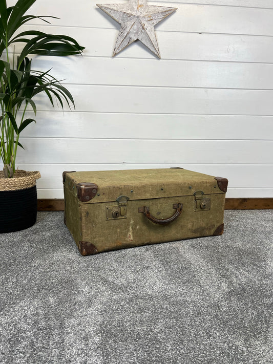 Vintage Canvas & Leather Suitcase Trunk Military Army Boho Rustic Home Décor