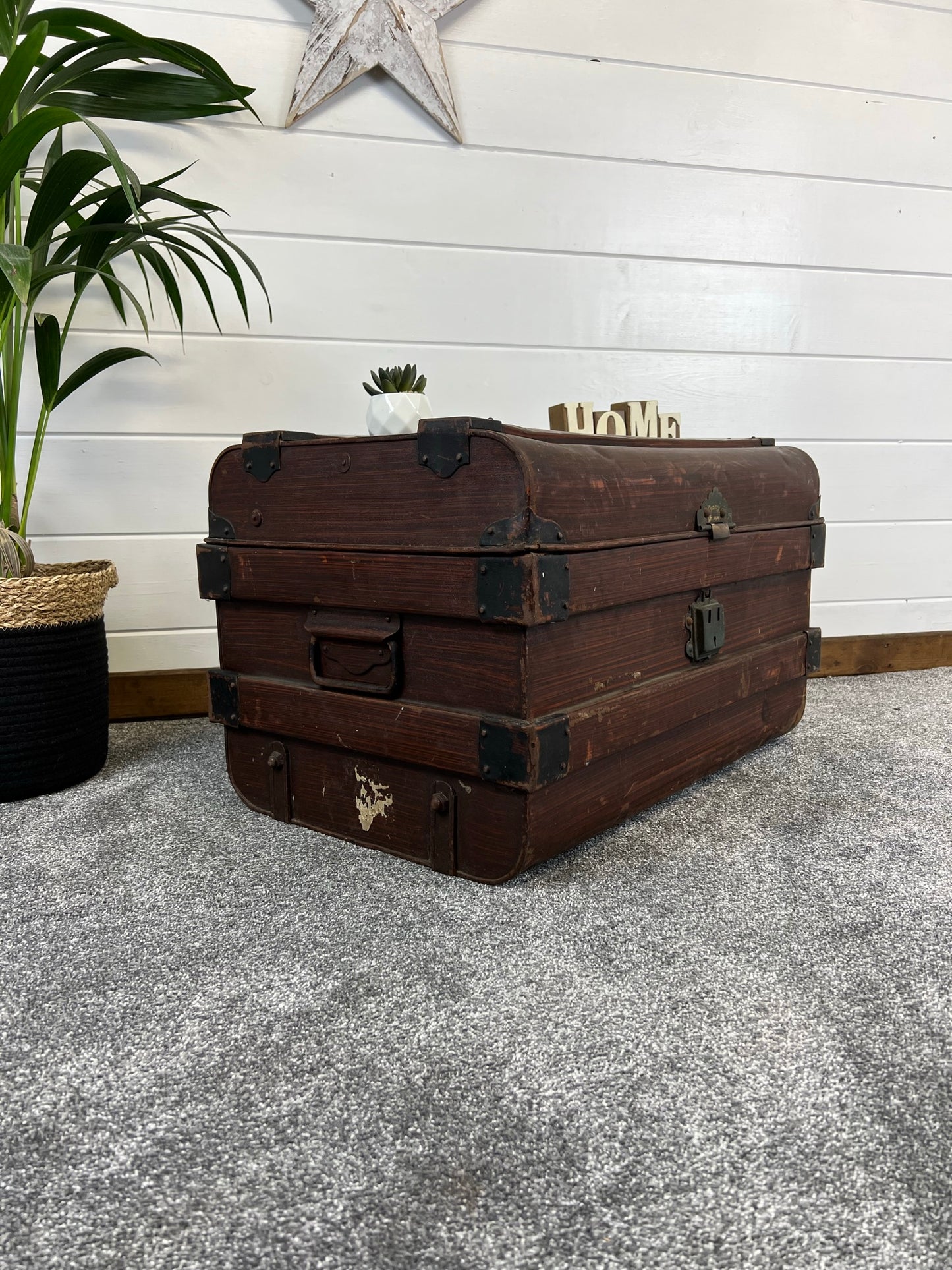 Vintage Metal Brown Travel Trunk Rustic Coffee Side Table Original Storage Steamer Chest