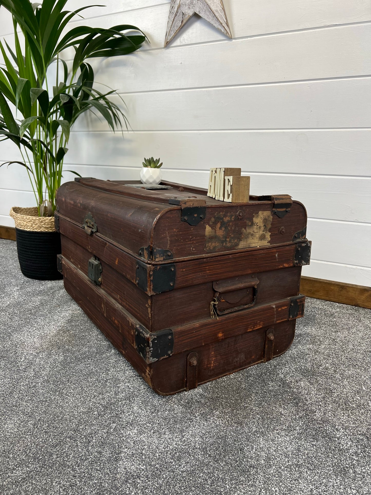 Vintage Metal Brown Travel Trunk Rustic Coffee Side Table Original Storage Steamer Chest