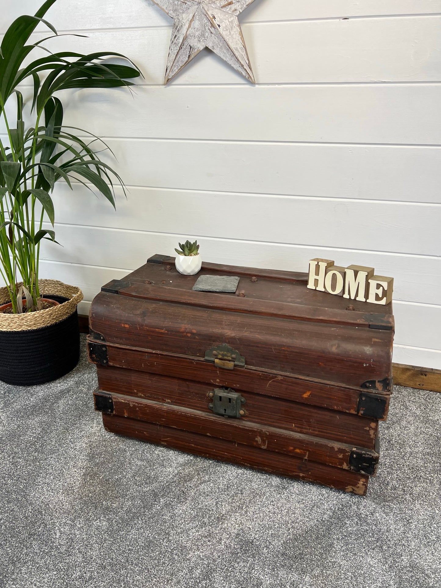 Vintage Metal Brown Travel Trunk Rustic Coffee Side Table Original Storage Steamer Chest