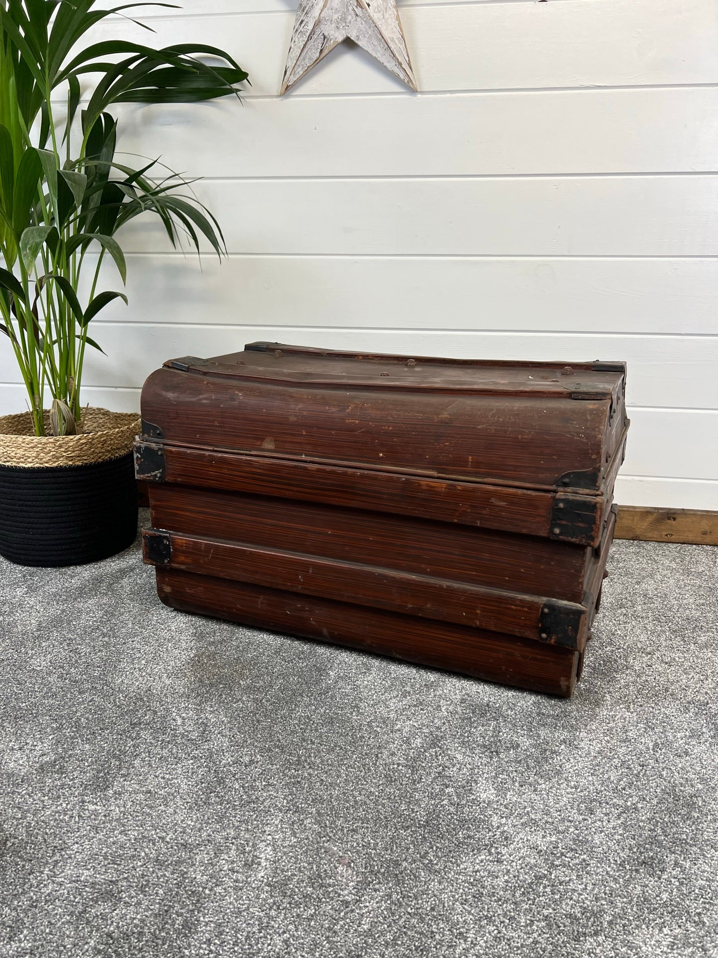 Vintage Metal Brown Travel Trunk Rustic Coffee Side Table Original Storage Steamer Chest