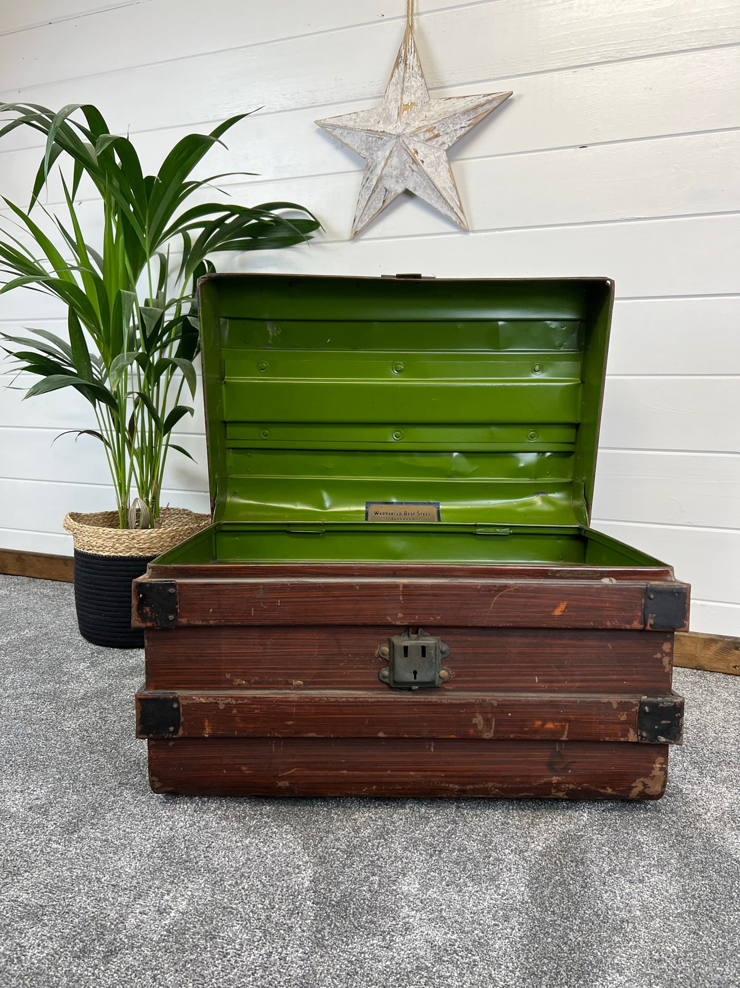 Vintage Metal Brown Travel Trunk Rustic Coffee Side Table Original Storage Steamer Chest