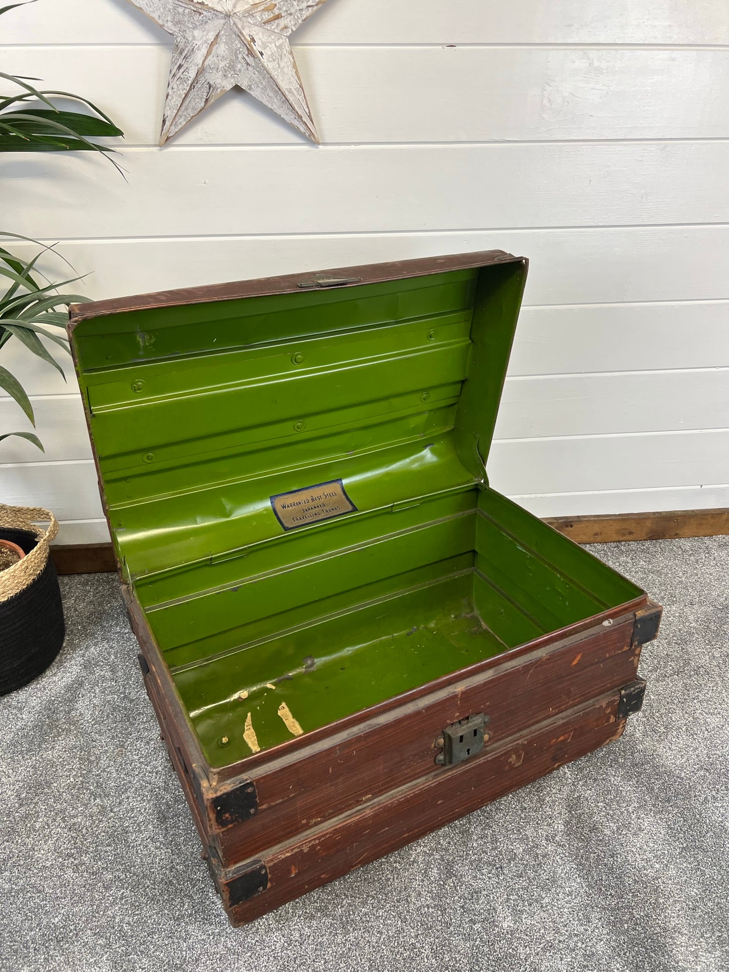 Vintage Metal Brown Travel Trunk Rustic Coffee Side Table Original Storage Steamer Chest