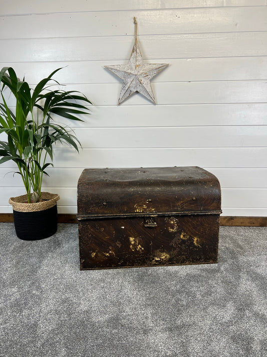 Large Vintage Metal Trunk Rustic Coffee Side Table Original Storage Steamer Chest