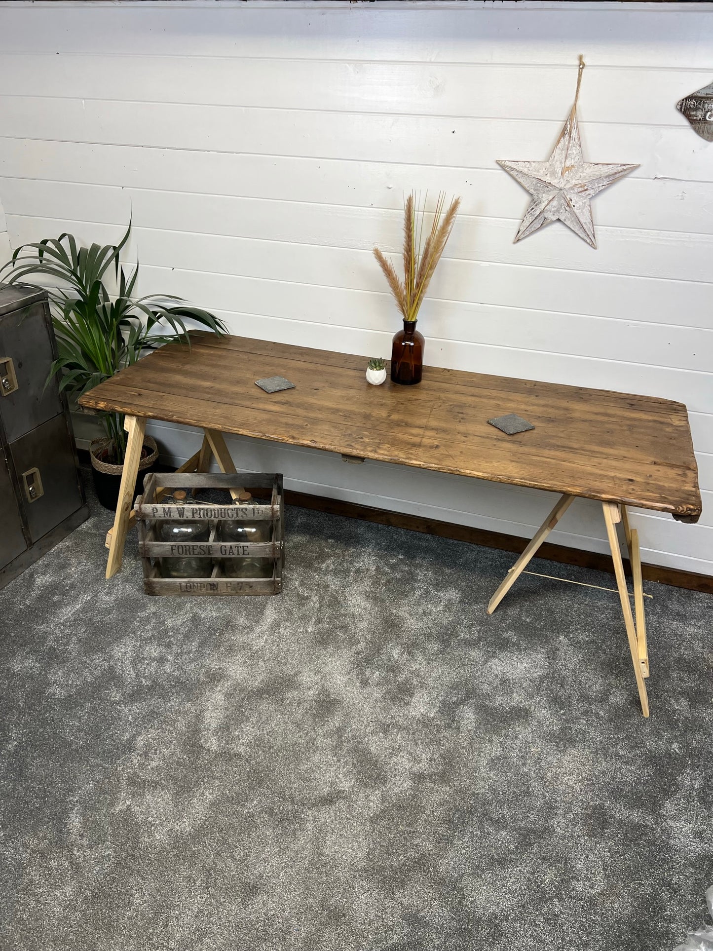 Rustic Wooden Trestle Table Top 6ft Industrial Farmhouse Dining Garden Reclaimed Army