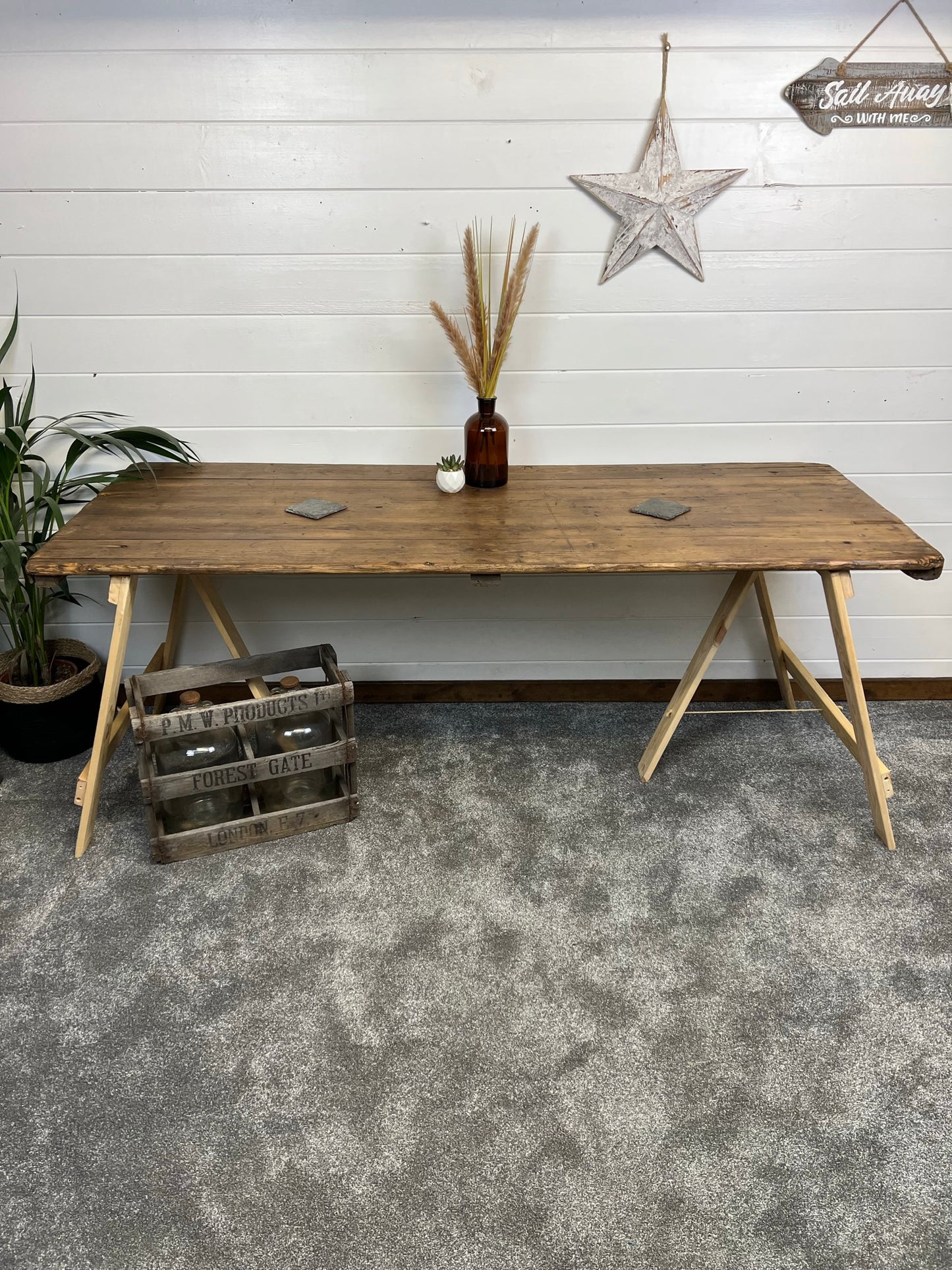 Rustic Wooden Trestle Table Top 6ft Industrial Farmhouse Dining Garden Reclaimed Army