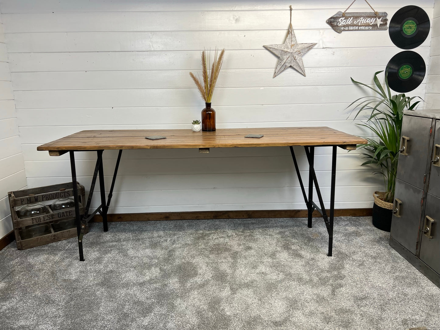 Rustic Vintage Wooden Folding Trestle Table 1952 Industrial Farmhouse Dining Garden Reclaimed Army