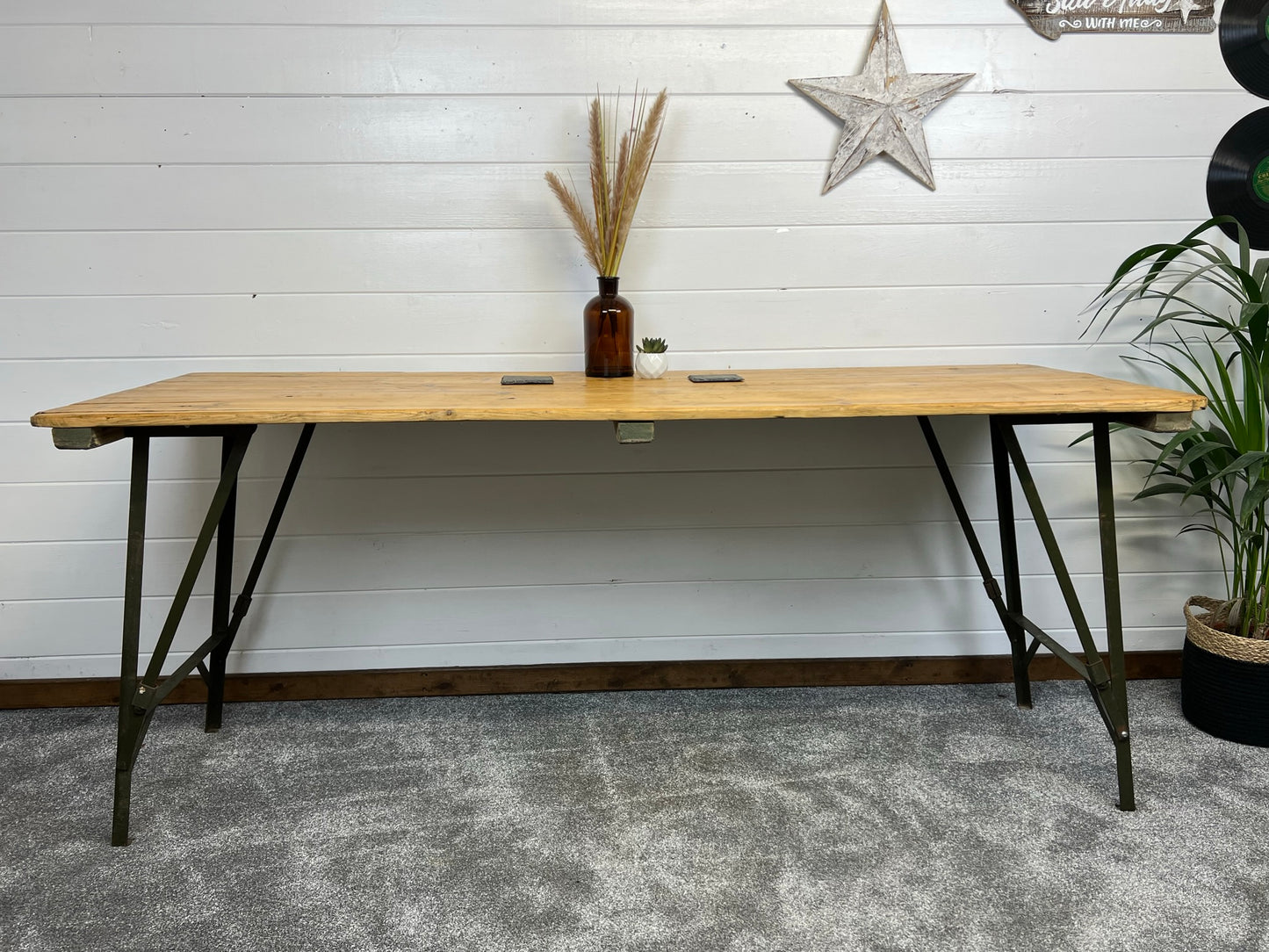 Vintage Industrial Wooden Trestle Table Rustic Folding Farmhouse Dining Boho Event