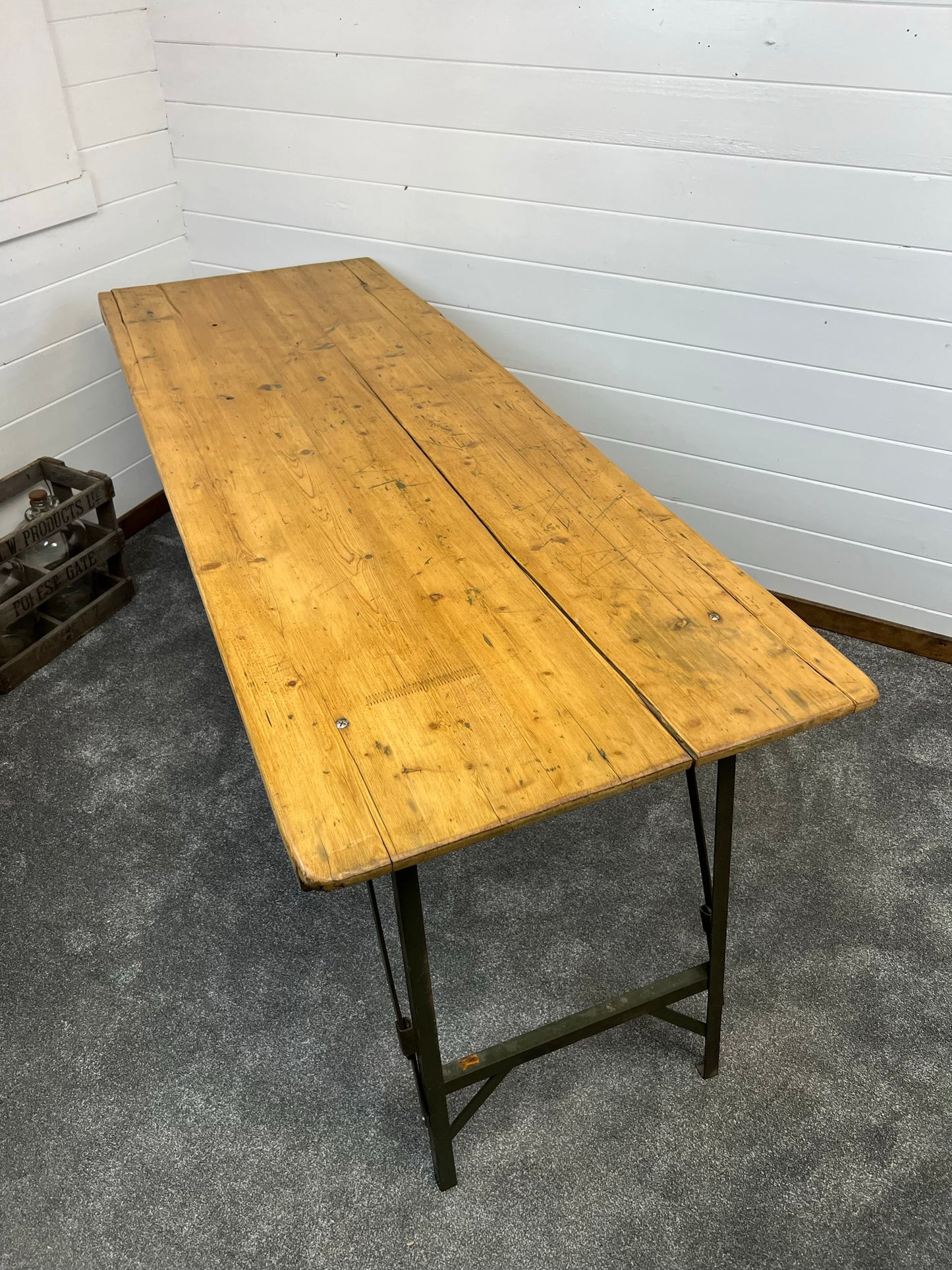 Vintage Industrial Wooden Trestle Table Rustic Folding Farmhouse Dining Boho Event