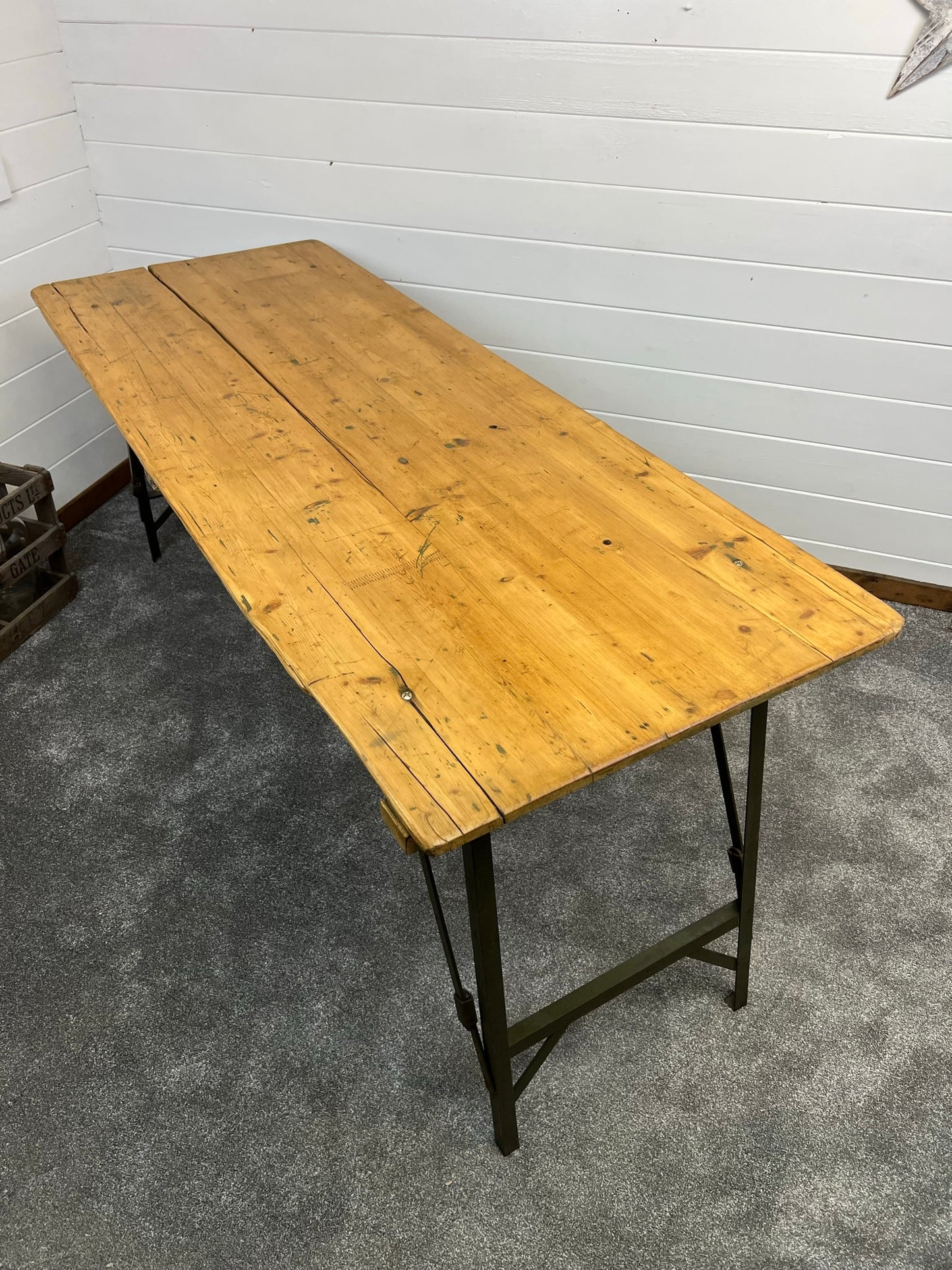 Vintage Industrial Wooden Trestle Table Rustic Folding Farmhouse Dining Boho Event