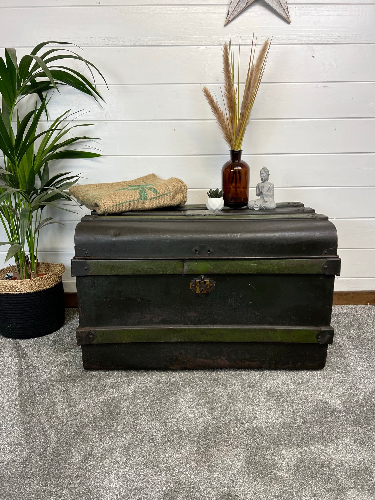 Vintage Metal Steamer Trunk Rustic Coffee Side Table Original Travel Storage Large Trunk