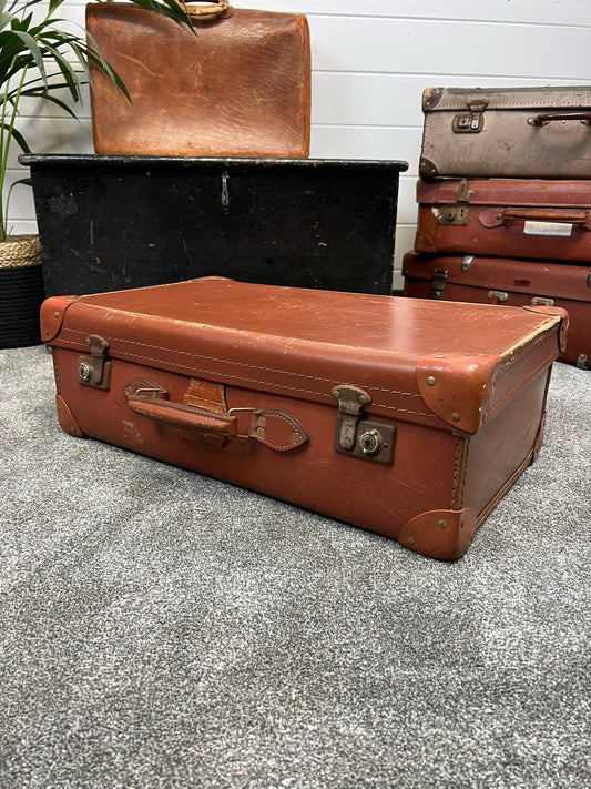 Vintage Brown Leather Suitcase Retro Travel Trunk Boho Décor Display