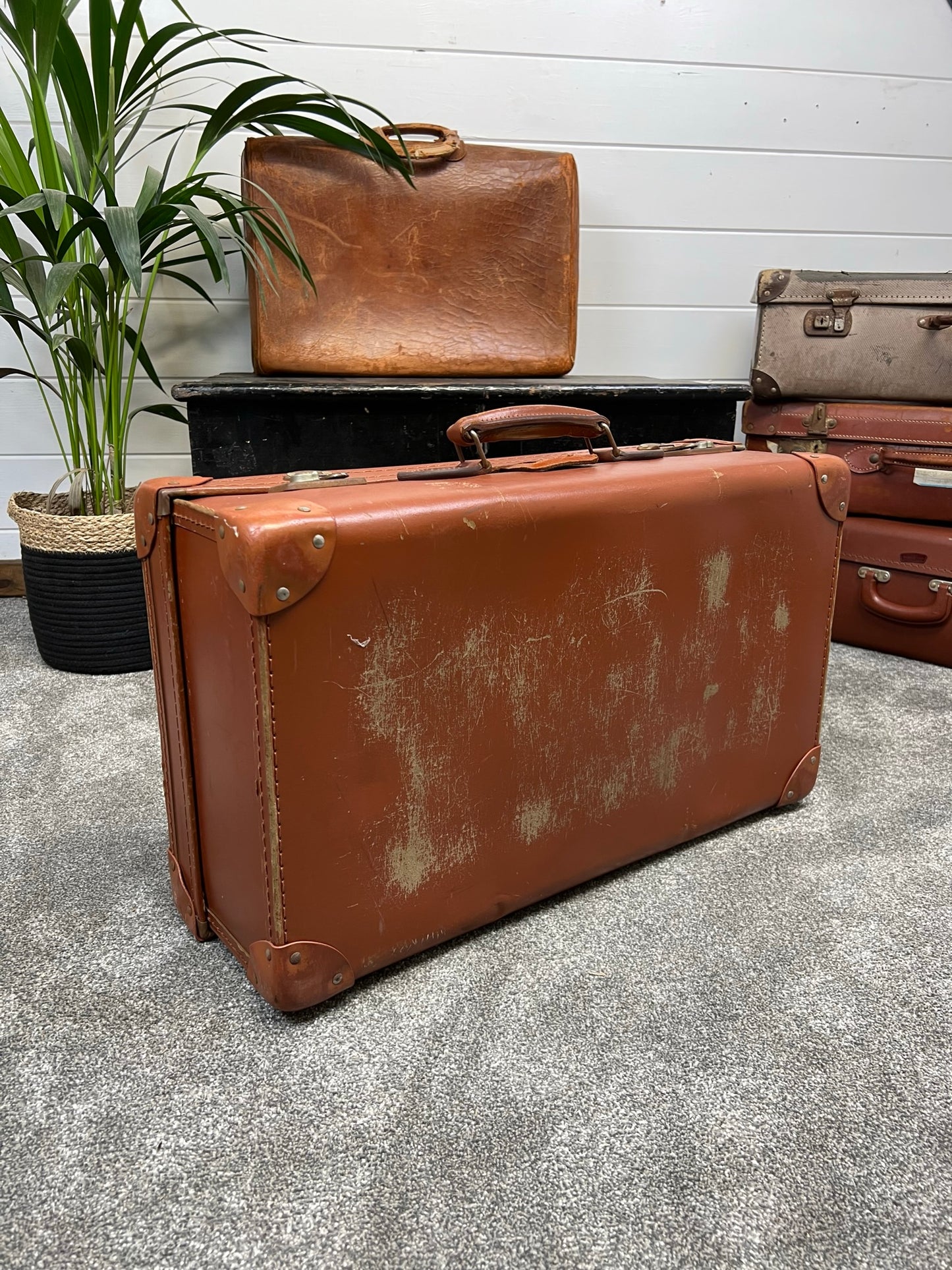 Vintage Brown Leather Suitcase Retro Travel Trunk Boho Décor Display