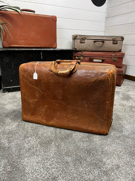 Vintage American Leather Zipper Suitcase Bag With Key Boho Decor Display Prop