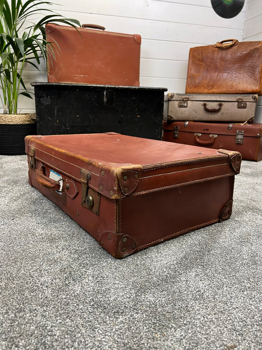 Vintage Brown Leather Suitcase Retro Travel Trunk Boho Art Décor Prop Display