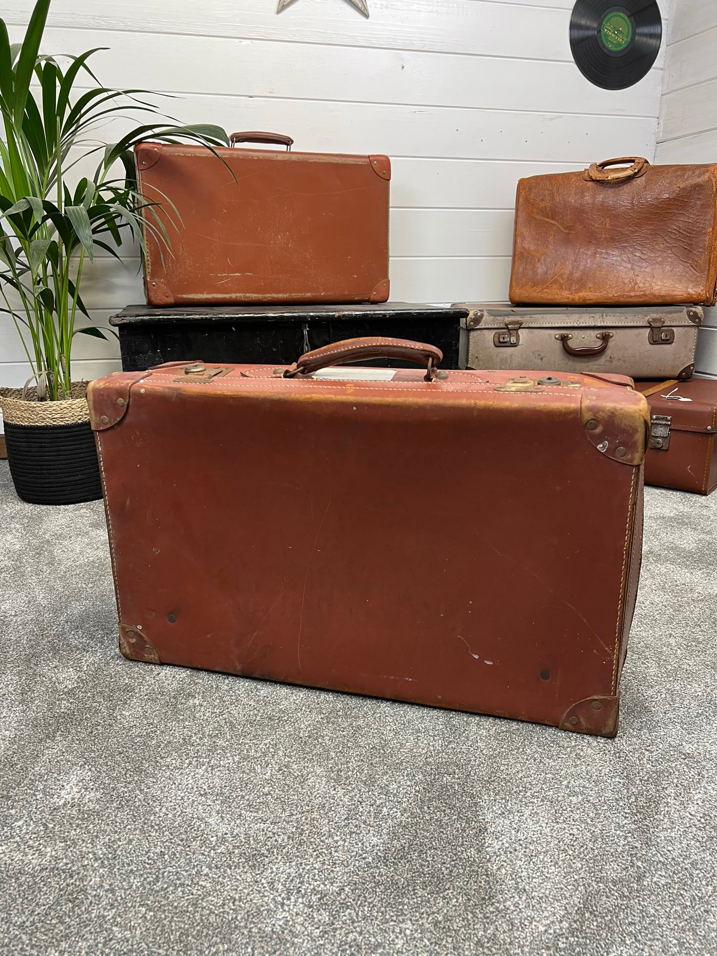 Vintage Brown Leather Suitcase Retro Travel Trunk Boho Art Décor Prop Display