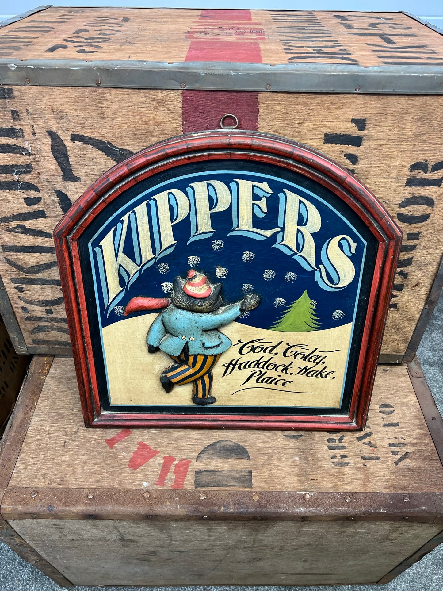 Vintage Wooden Hand Painted Kippers Advertising Sign Fisherman Farmhouse Decor Sign Restaurant Bar Display