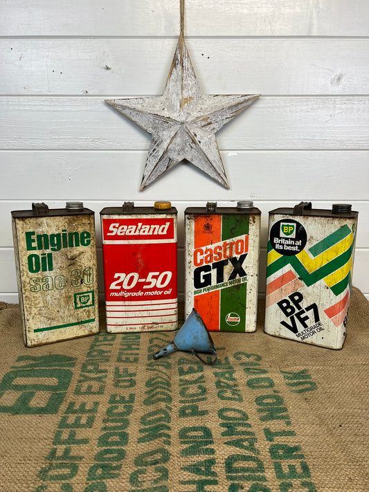 Set of 4x Vintage Oil Cans Tin & Enamel Funnel Job Lot Retro Garage Workshop Shop Decor Display