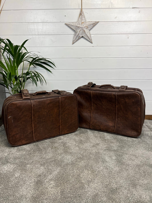 Pair of Vintage Brown Leather Suitcase x2 Retro Travel Trunk Boho Décor Display