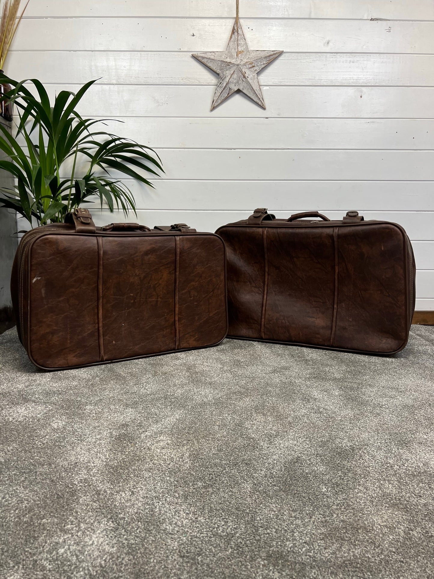 Pair of Vintage Brown Leather Suitcase x2 Retro Travel Trunk Boho Décor Display